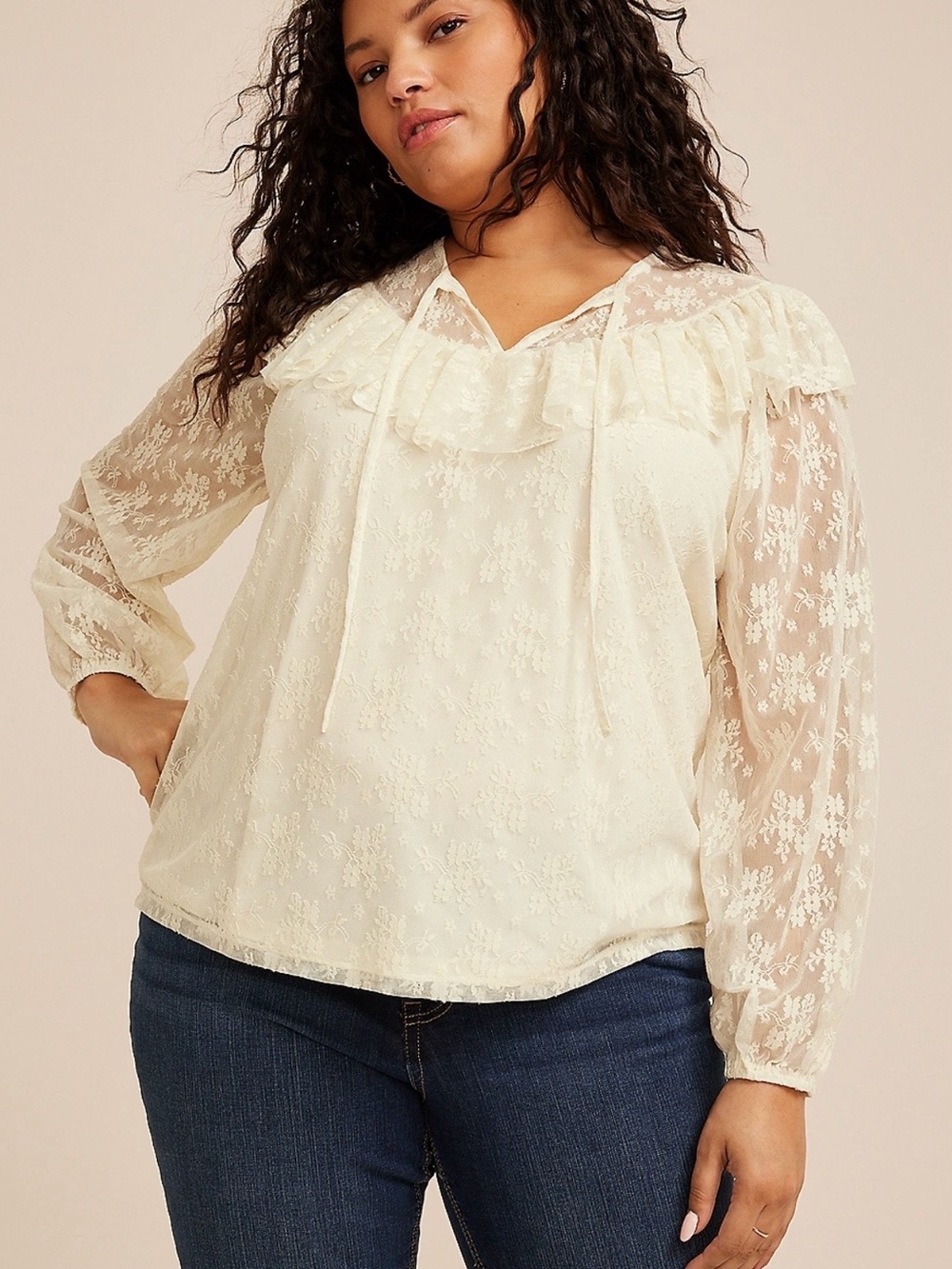 Maurices Cream Lace Ruffle Tie-Neck Blouse